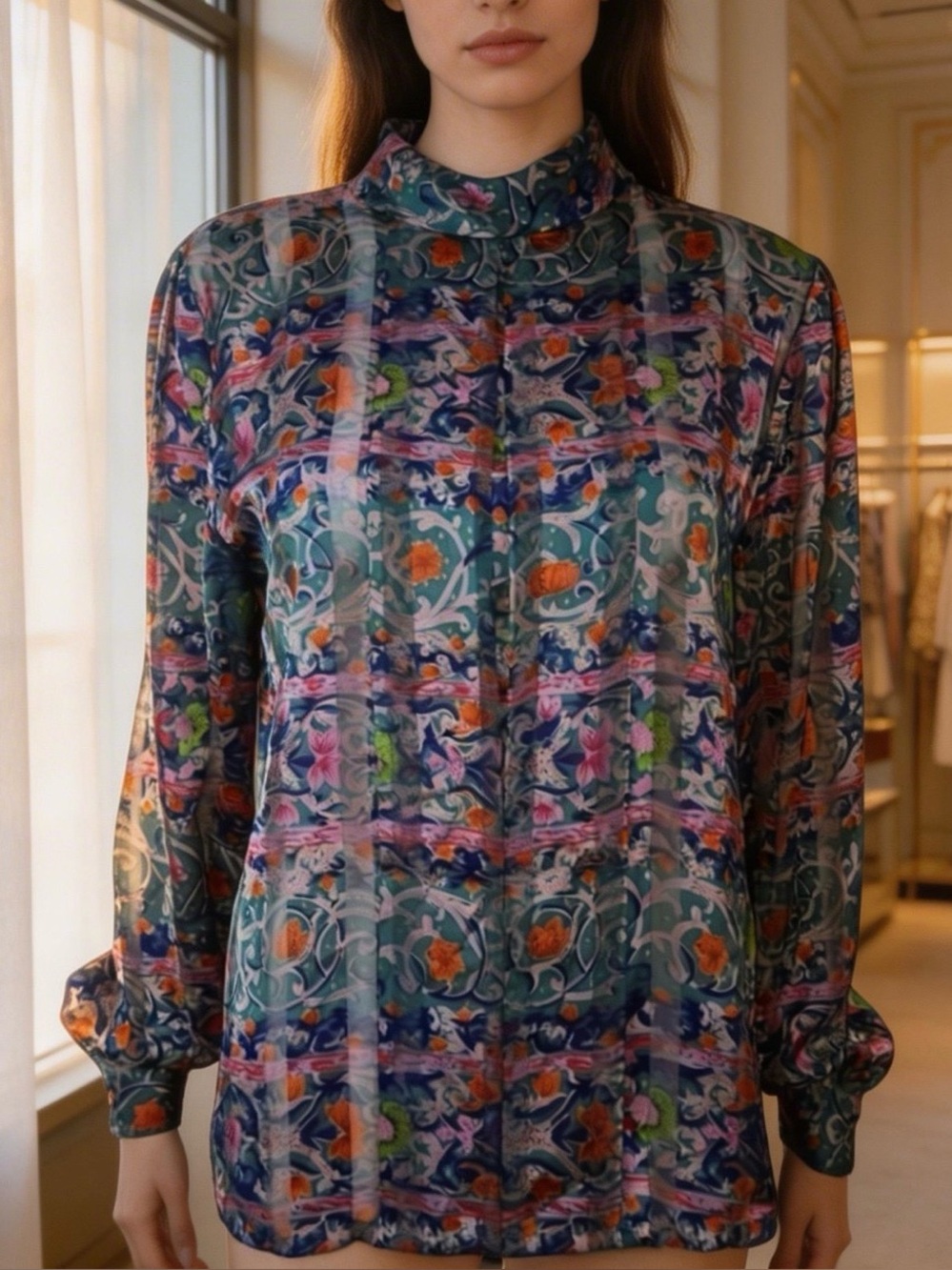 Vintage Nicola Blouse Multicolor Button Down Pleated Made in Korea EUC